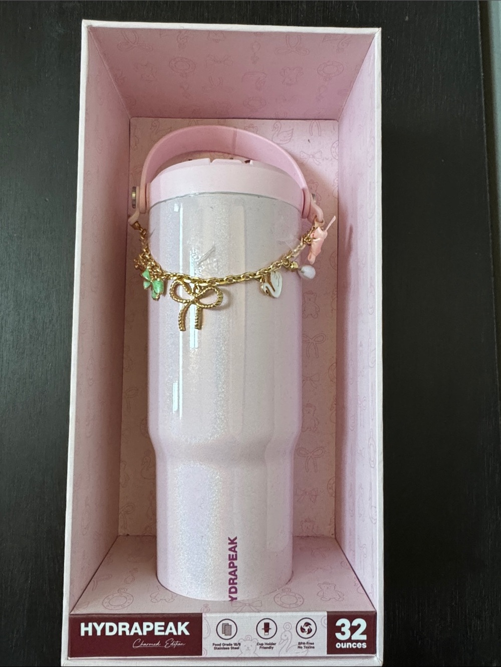 Hydrapeak Nomad 32oz Insulated Tumbler — Pink with Gold Charm Chain - Picture 6 of 6